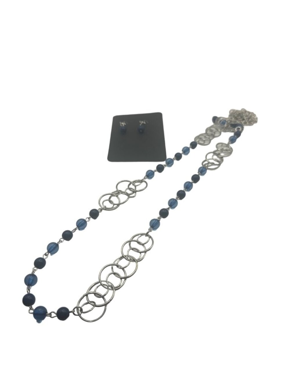 Silver Chain Blue Bead Necklace and Earring Set Fashion Jewelry